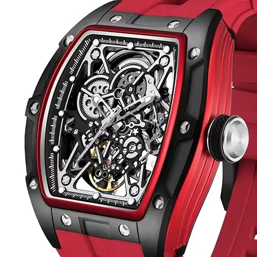 Your Fashion Steet Style Watches Sport Analog Automatic Skeleton Stainless Steel Wristwatch Tonneau Dial Apple Red