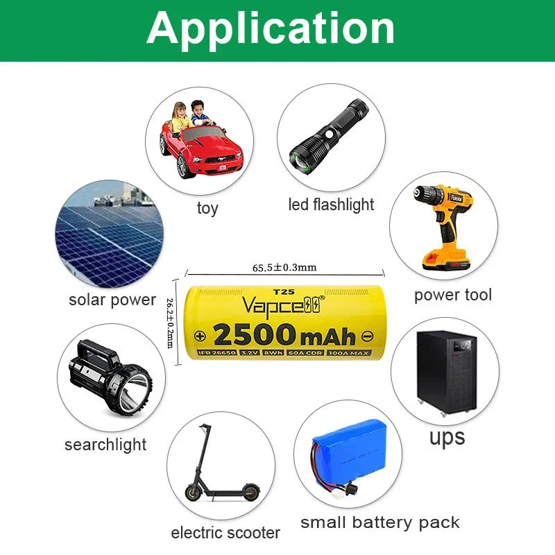 بطاريات ليثيوم أصلية Vapcell 26650 T25 2500mAh CDR 60A MAX 100A 3.2V خلية Lifepo4 26650 للأدوات الكهربائية