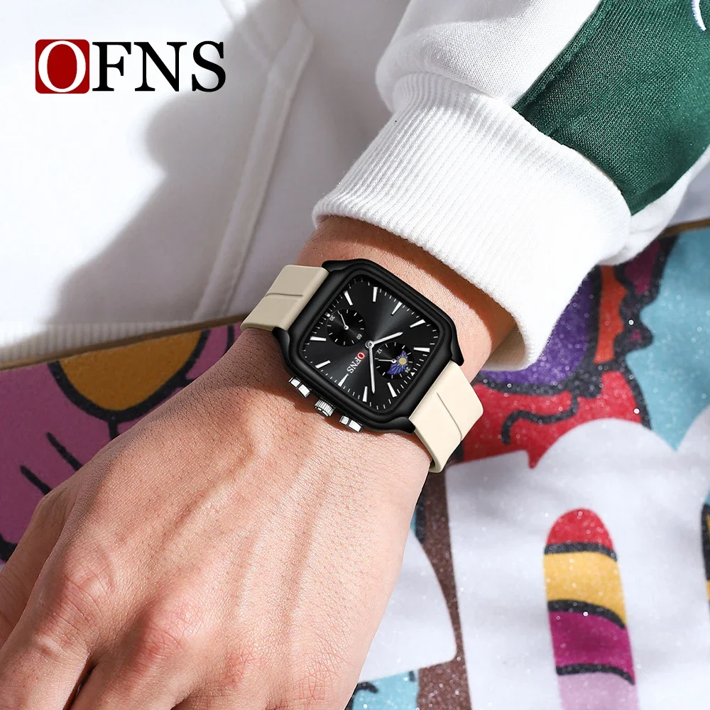 OFNS 7504, спортивные силиконовые кварцевые часы, водонепроницаемые светящиеся часы с календарем и фазой Луны, модные роскошные часы для мужчин, Relogios Masculino