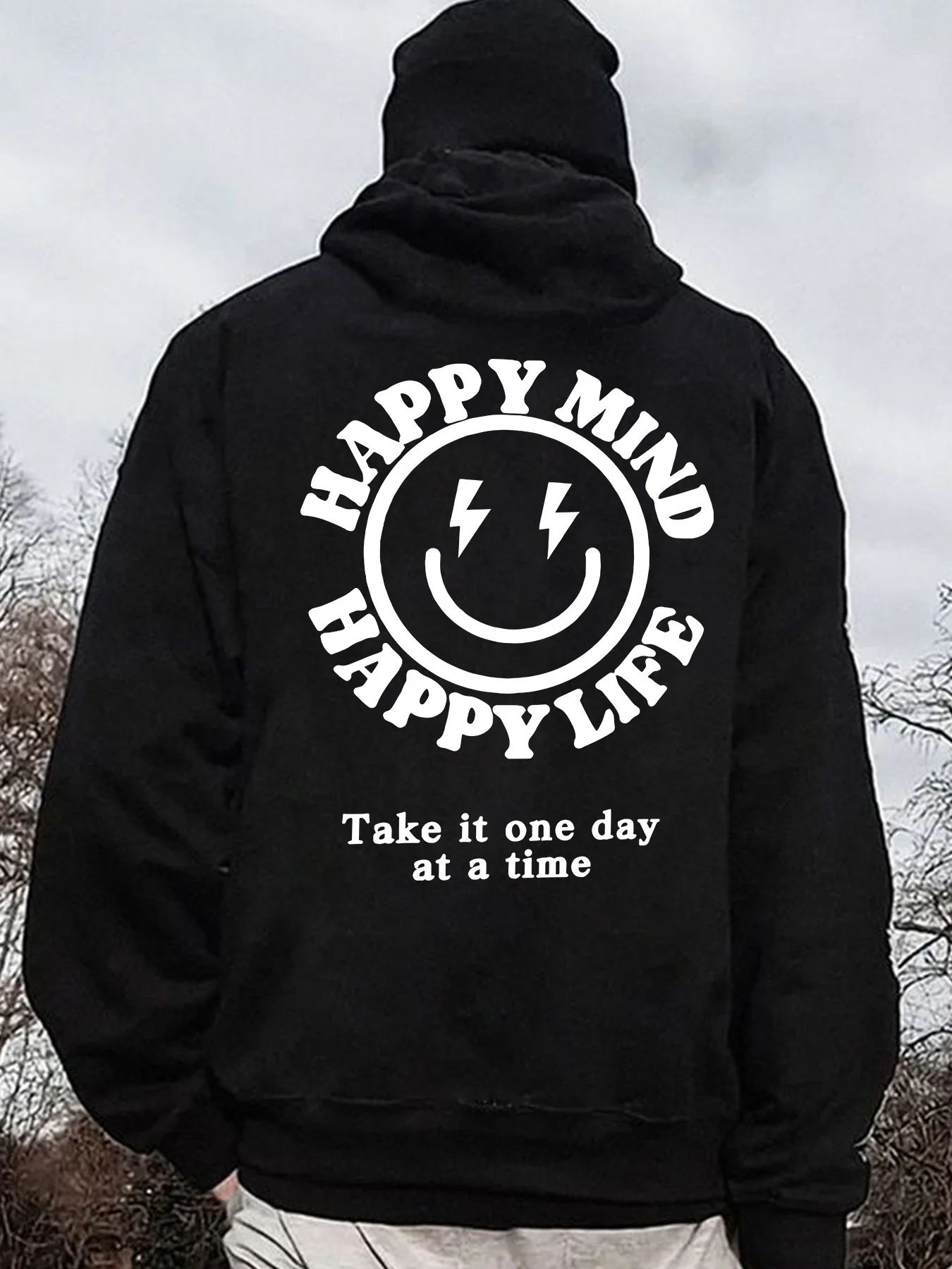 Happy Mind Happy Life Hoodie Men Smile Face Streetwear Positive Vibes Pullover,back  Printed Patterns,  Hoodies