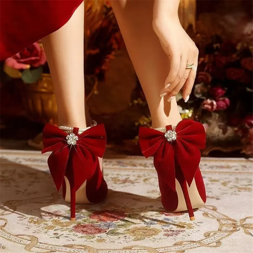 New Autumn Women Sweet Bowknot High Heels Shoes Pointed Toe Stiletto Wedding Sexy Party Pumps Korean Soft Flock Dress Ladies Red