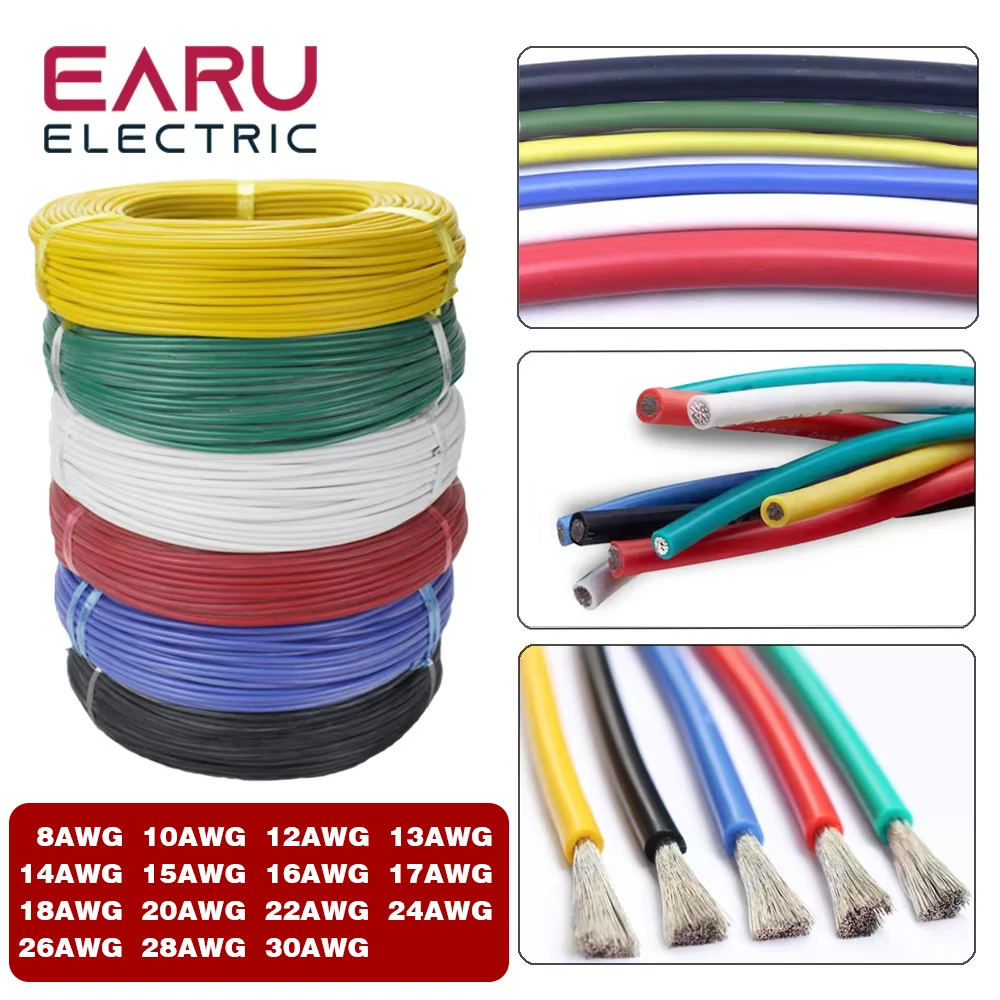 10Meters/Lot Heat-resistant Soft Electrical Silicone Wire Cable 8 10 12 14 16 18 20 22 24 26 28 30 AWG  6 Color Red Black Blue