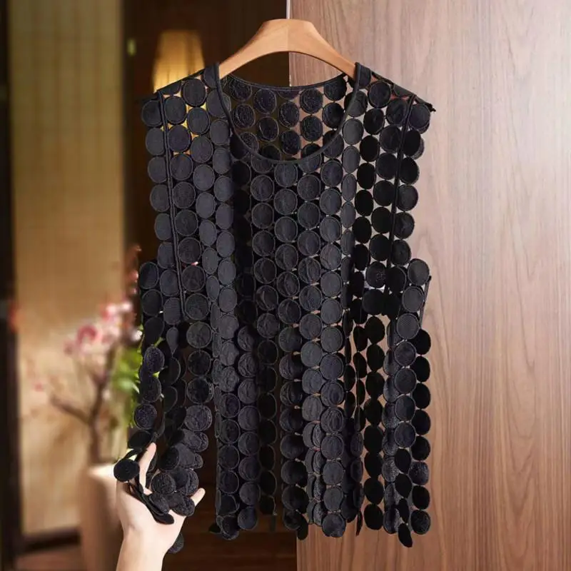 Women Circle Cutout Sleeveless Tunic Top Hollow Out Fringe Vest Summer Beach Cover Up Party See Through Tank Top