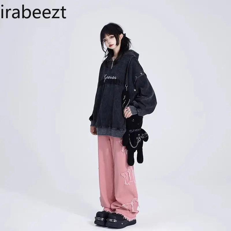 Oversize Hoodie Patchwork Design High Street Trend Heavy Weight and Fleece Thickened Women's Top Loose Fit Sweatshirts