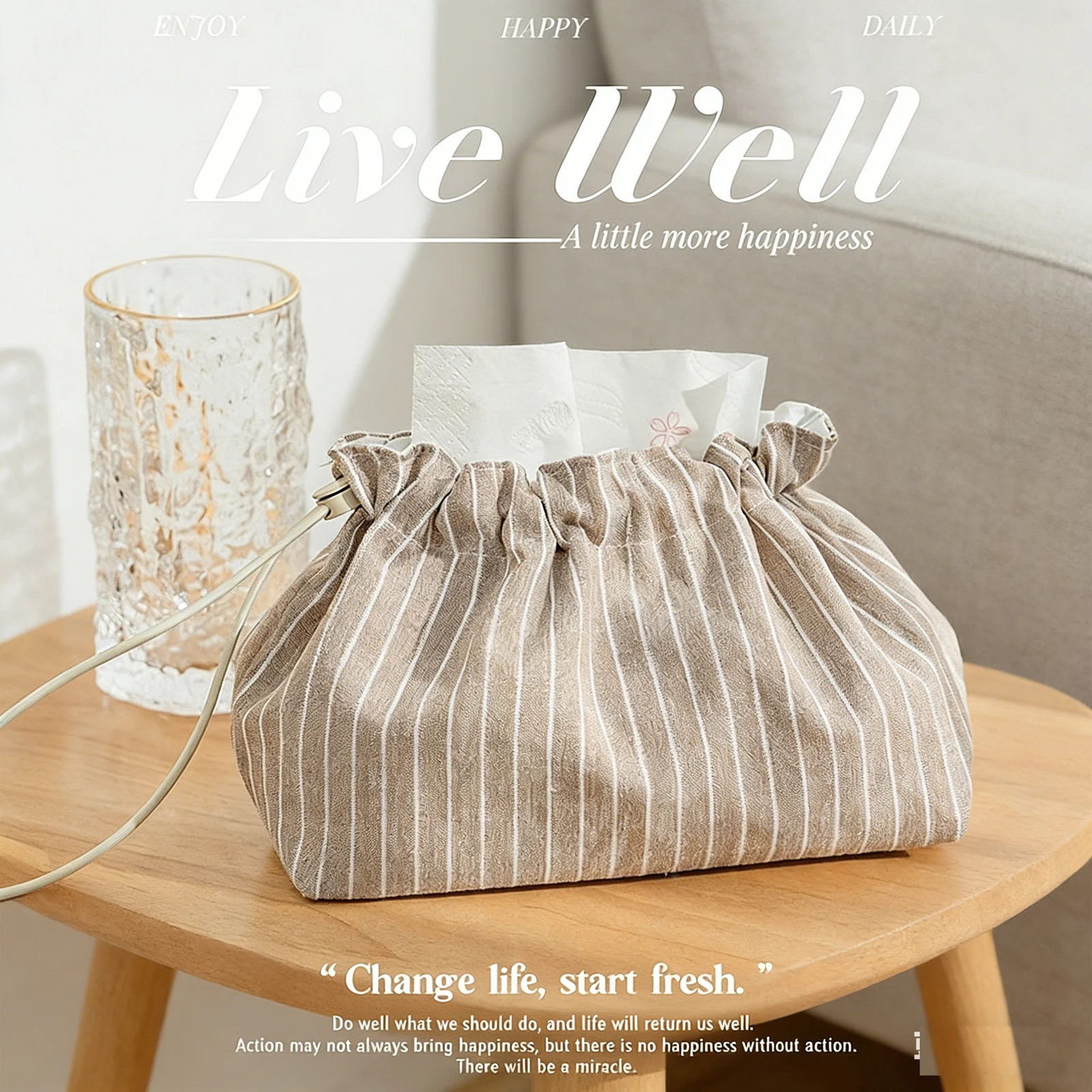 Japanese Style Drawstring Tissue Holder Portable Striped Tissue Pouch for Home Coffee Table Car Daily Use