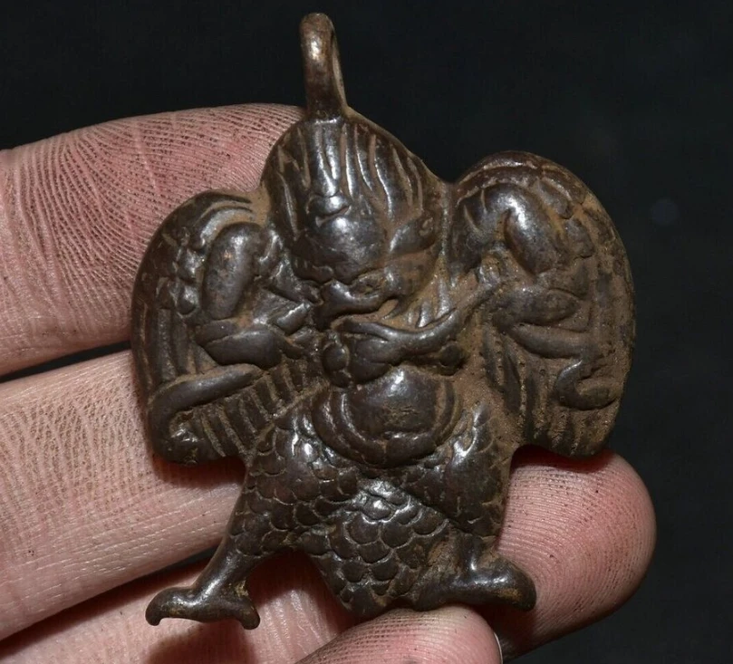 4.5CM Old Tibetan Bronze Redpoll Winged Garuda Bird Eagle Buddha Amulet Pendant