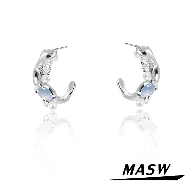 

MASW Original Design 2024 New Style Blue Crystal Metallic Silver Plated Hoop Earrings For Women Female Gift Fashion Accessories