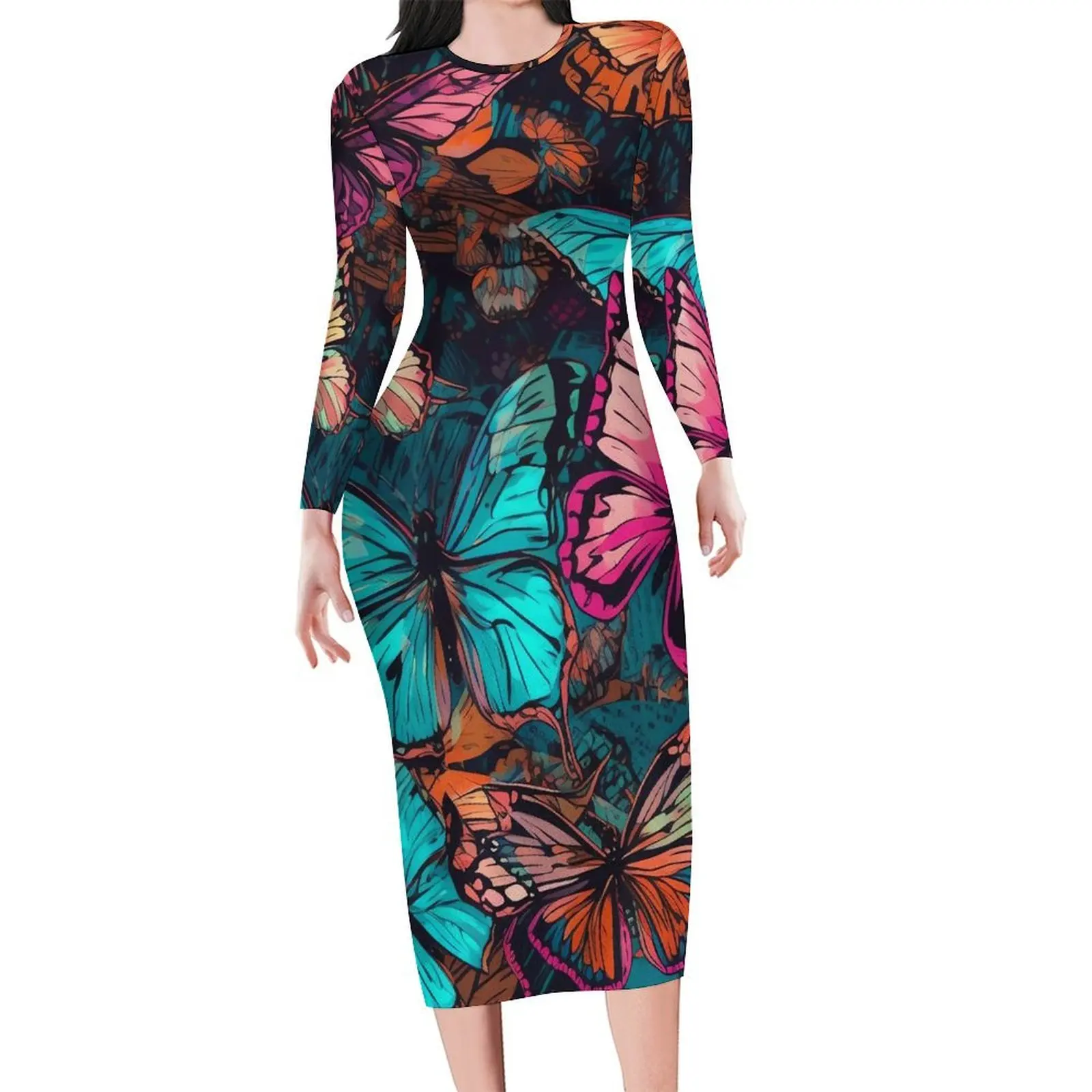 Aquarell Schmetterlinge Kleid Dame Tier Druck Street Fashion, Figurbetontes Kleid Frühling Langarm Kleider Grafik Oversize Vestidos