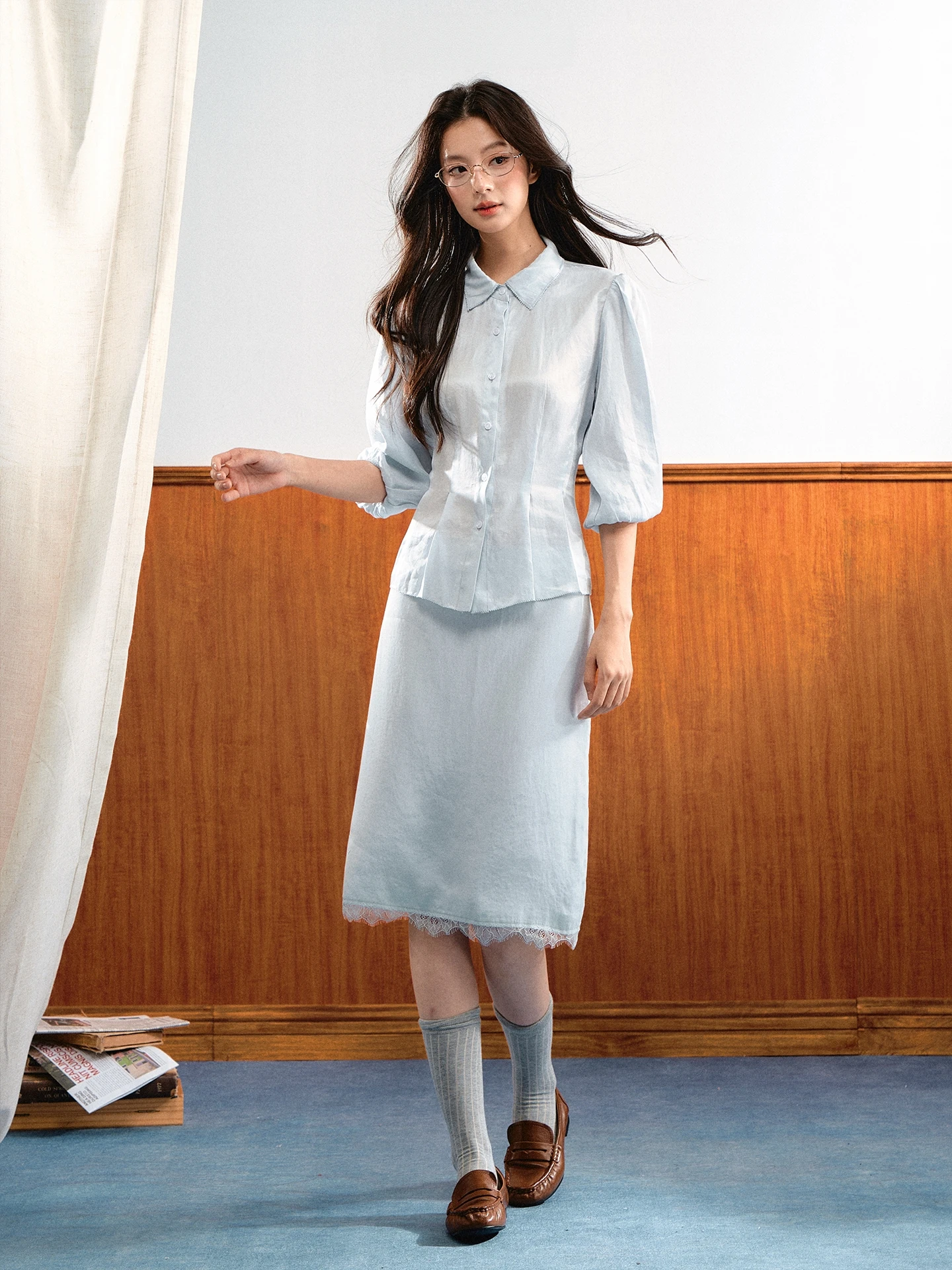 7Shiftin Original Design Simple Bubble Sleeve Atmosphere Sense Top Korean Style Pure Desire Lace Trim Half Skirt Women