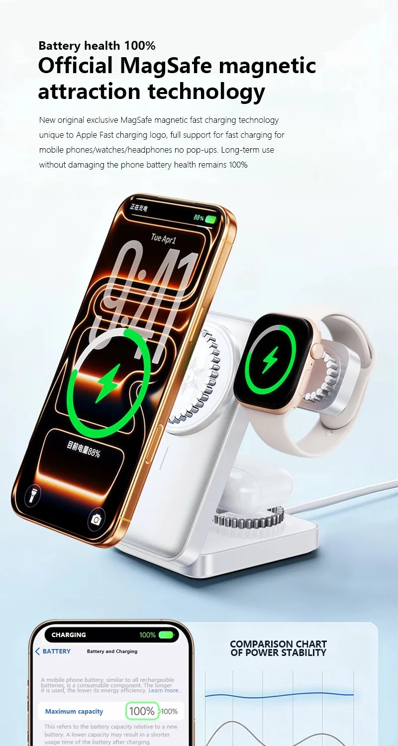 3-in-1 faltbares kabelloses Ladegerät mit Kühlventilator Qi2 15W für MagSafe magnetisches Schnellladegerät für iPhone 12-18, iWatch S3-S10 – Detail 9