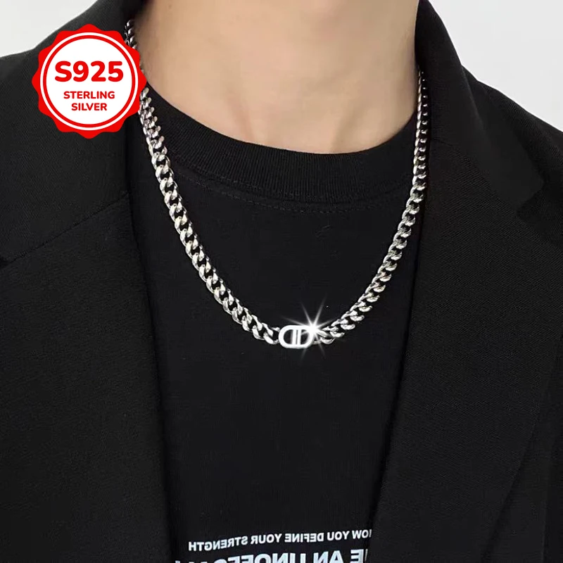 925 Sterling Silver Hip-Hop Letter Cuban Chain Men's Necklace, Fashionable Men's Jewelry Gift
