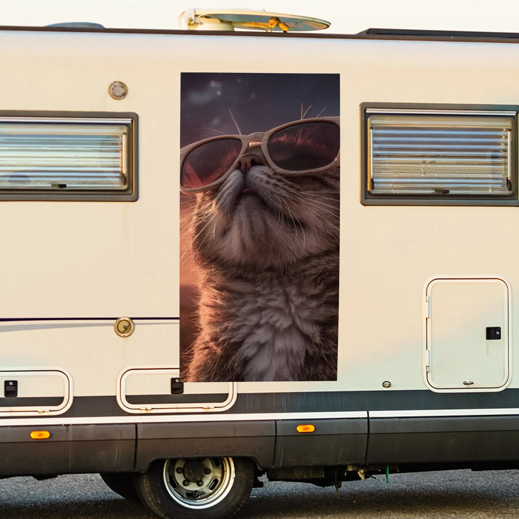 Autocollant de voiture chat cool avec lunettes de soleil, autocollant en vinyle imperméable pour côté camping-car, autocollants auto-adhésifs pour décorer et protéger le corps du camping-car,