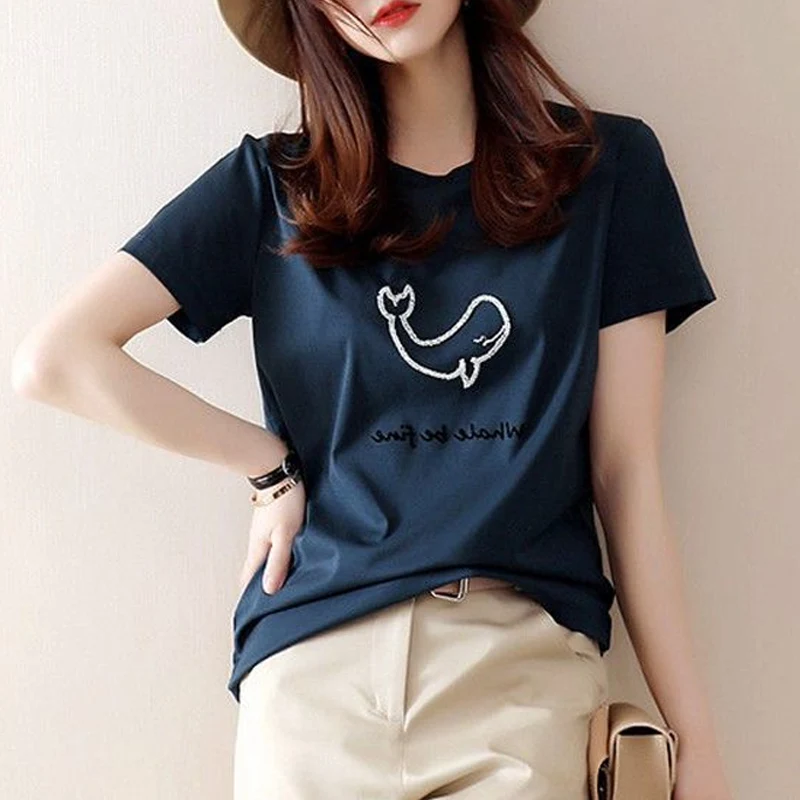 2023 Summer New Fashion Cotton Comfortable T-Shirts Women Round Neck Short Sleeve Kawaii Printing Pullovers Korean Style Tops