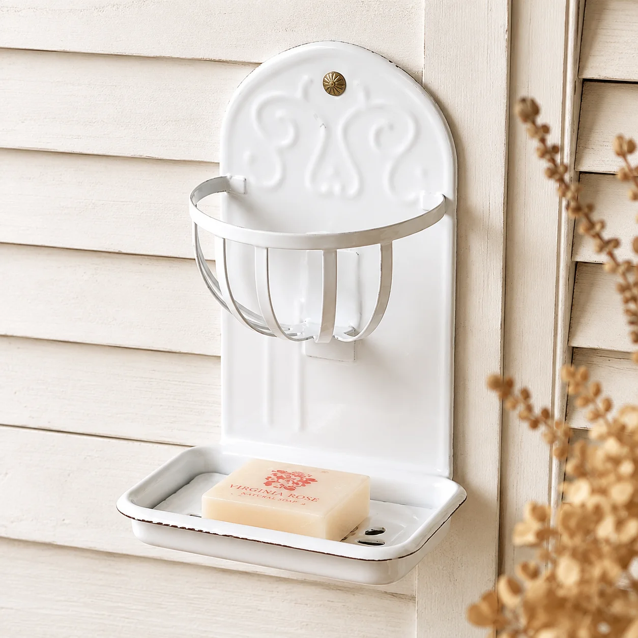 Vintage Enamel Soap Dish with Wall Mount, White Metal Soap Holder with Drain Tray, Countertop or Wall-Mounted Bathroom Decor