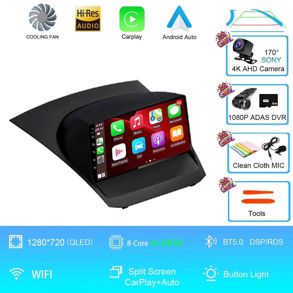 Android 16 voor Ford Fiesta Mk 6 2009 2010 2011 2012 2013 2014 - 2018 Carplay Auto Multimedia autoradio speler WiFi+4G DSP GPS 2DIN - afbeelding 1