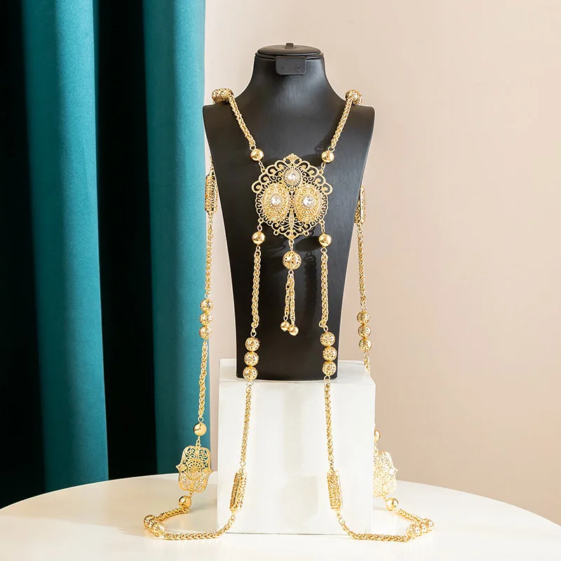 

Moroccan style wedding dress shoulder chain accessory.Golden bride body jewelry, handcrafted with crystal rhinestones,