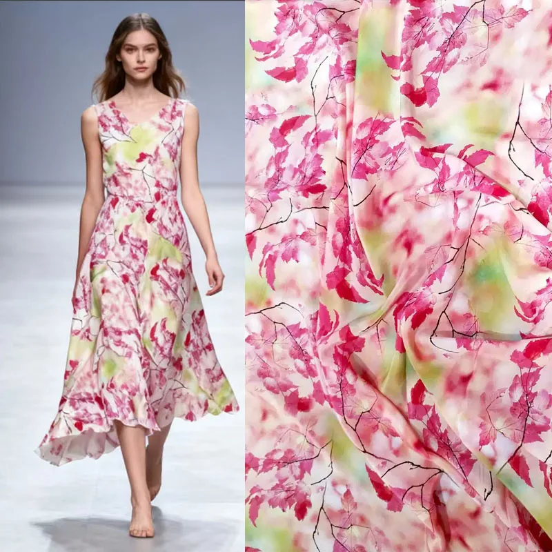 Silks Tulle Textile Red Autumnal Leaves Prints 16mm Real Mulberry Silk Fabric crepe de Chine Dress Material Pink Fabrics Turbans