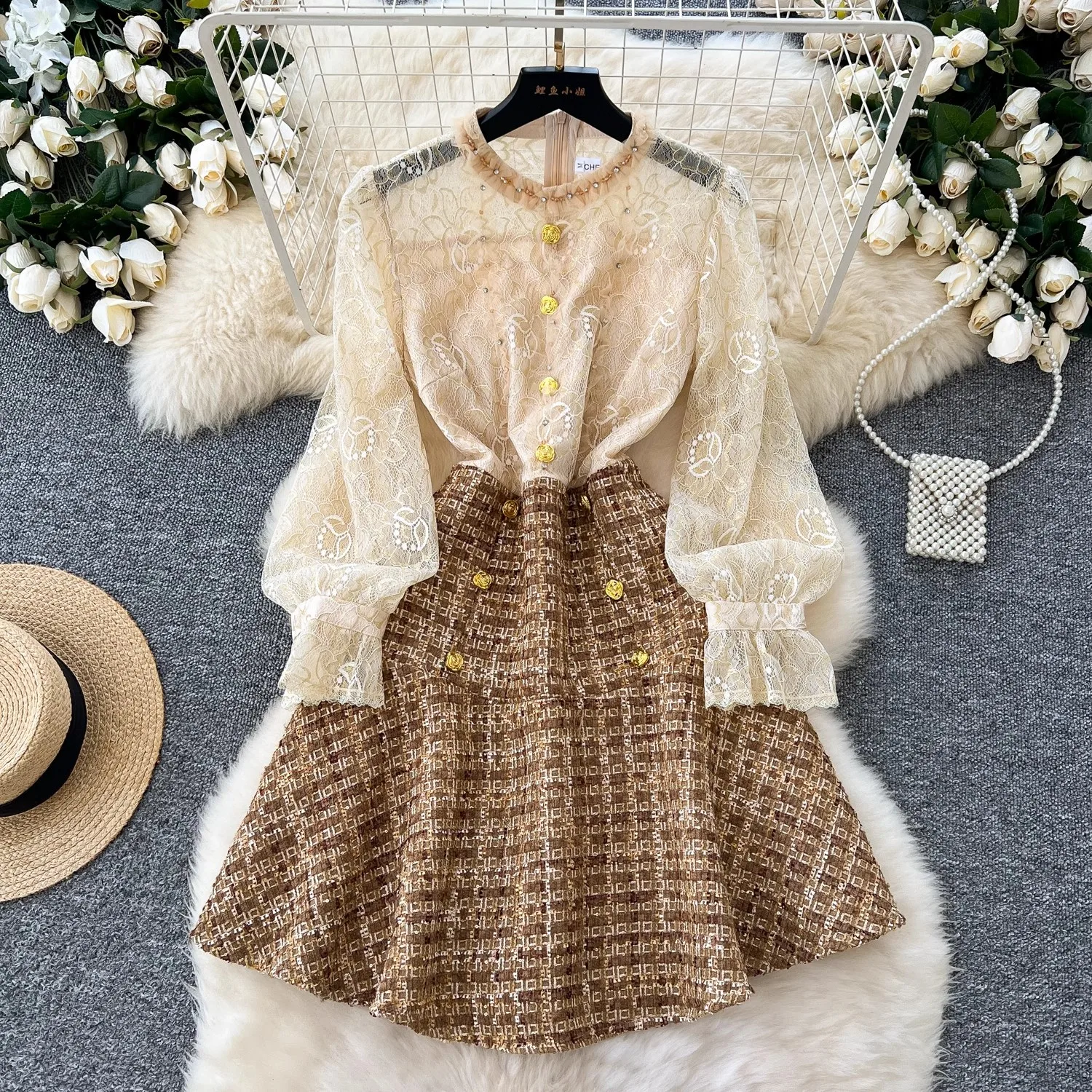 Small Fragrance French Luxury Beaded Embroidery Lace Stitching Woolen Tweed Plaid Ruffles Metal Buttons Sweet Girls Fairy Dress