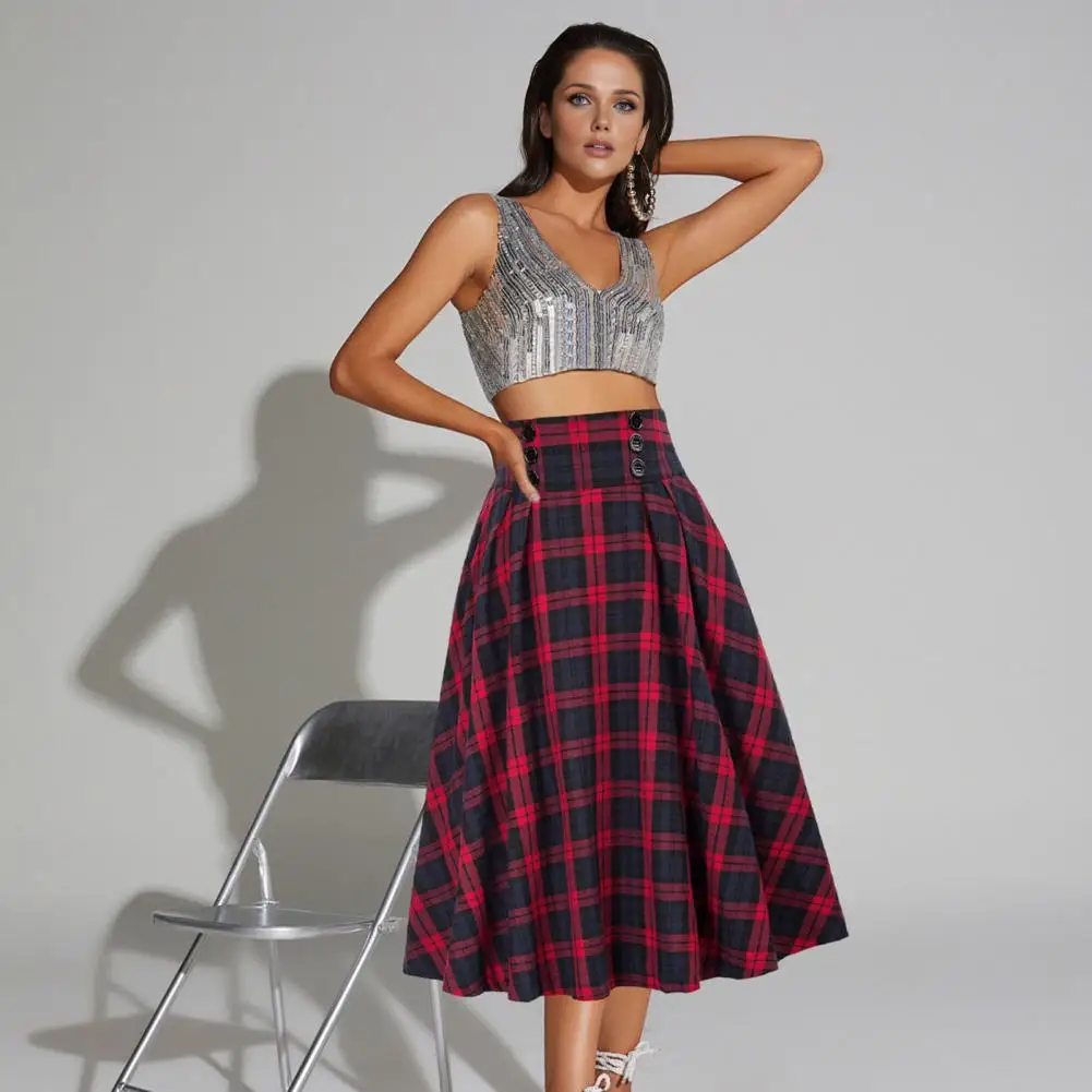 Women Midi Skirt Plaid Print High Waist A-Line Skirt Large Hem Design Slimming Effect Autumn Winter Elegant High Waist Skirt