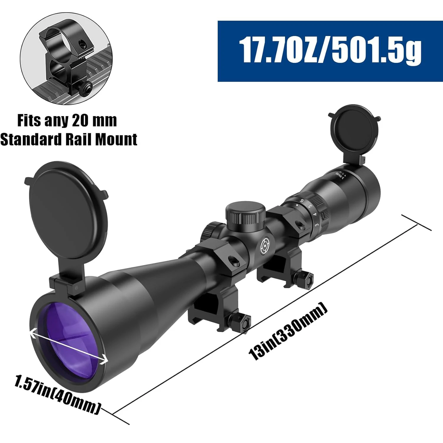 3-9x40 Optischer Gewehr-Entfernungsmesser, geeignet für 20 mm freie Installation, wasserdicht und beschlagfrei, verwendet für die Jagd (lila)