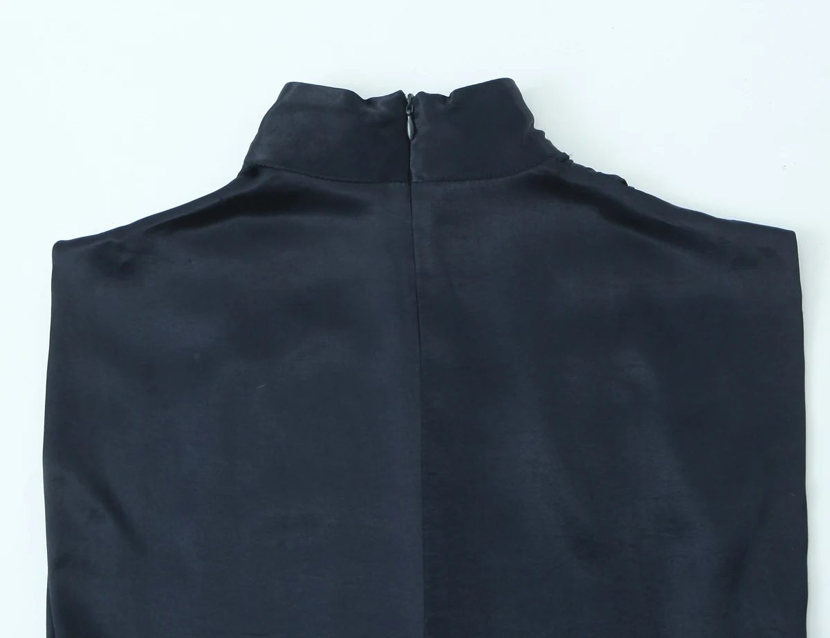 Women Lace Hem Dark Blue Satin Dress Sleeveless Ruched Mini Dresses