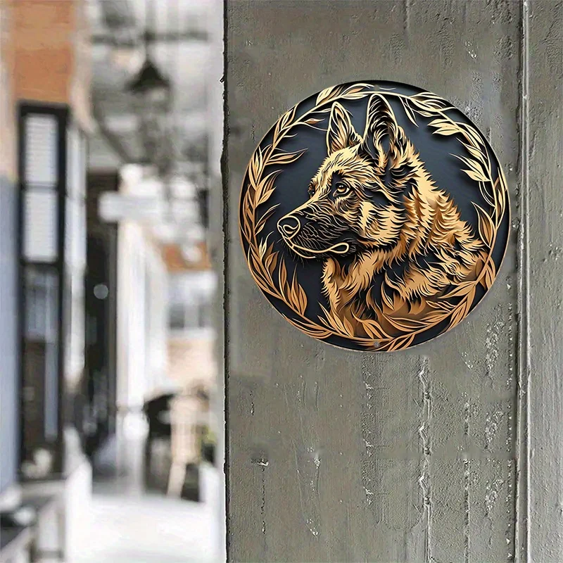 Metal Sign Faux Foil Stamping Papercut Art Painting Round Wreath Decorative Sign Dormitory Decor Men Gifts German Shepherd Theme