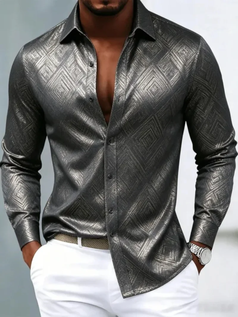 Men's Business Long Sleeved Shirt, 3D Printed Pattern, Silky Satin Design, Fashionable and Casual Suitable for Street Vacations,