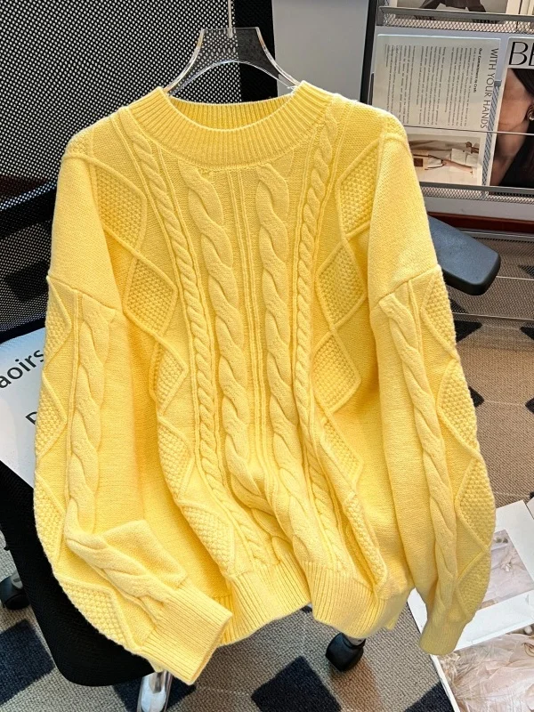 

Dopamine Yellow Knitted Twisted Sweater Women's Shoulder Length Lazy Style Top plus Size Comfortable Fit Winter Fashion