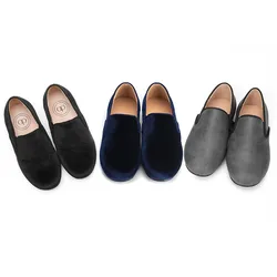 Mocassins en velours pour enfants, chaussures plates décontractées en cuir, noir, bleu, gris, mode automne et hiver