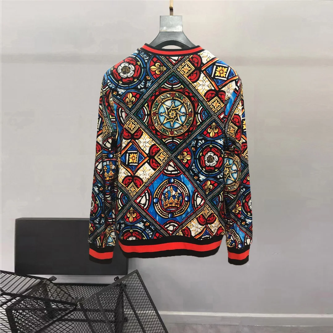 European and American men\'s wear summer 2024 new  Long sleeves vintage court print  Fashionable round neck hoodies