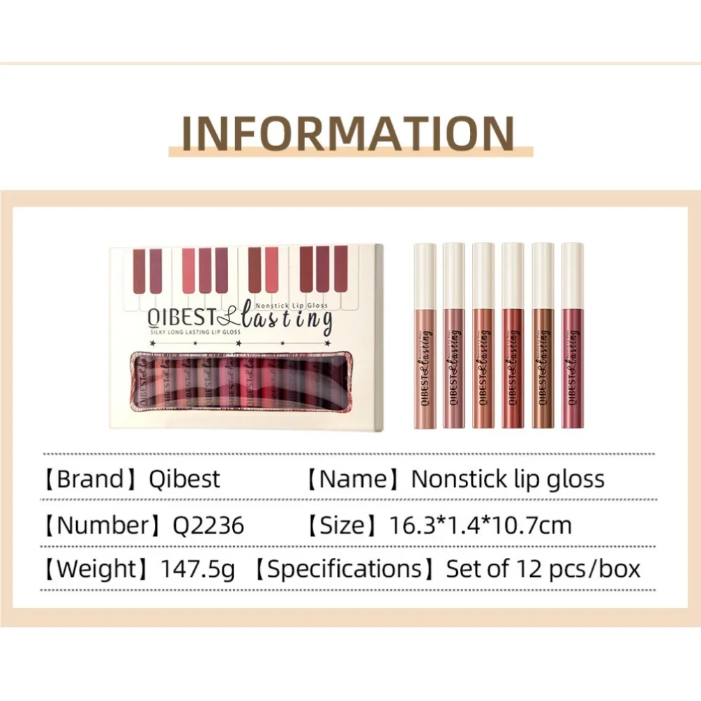 Waterproof Non-Stick Cup Matte Liquid Lipstick Set 12 Colors Long-Lasting Glossy Sexy Red White Black Nude Lip Gloss Makeup Kit