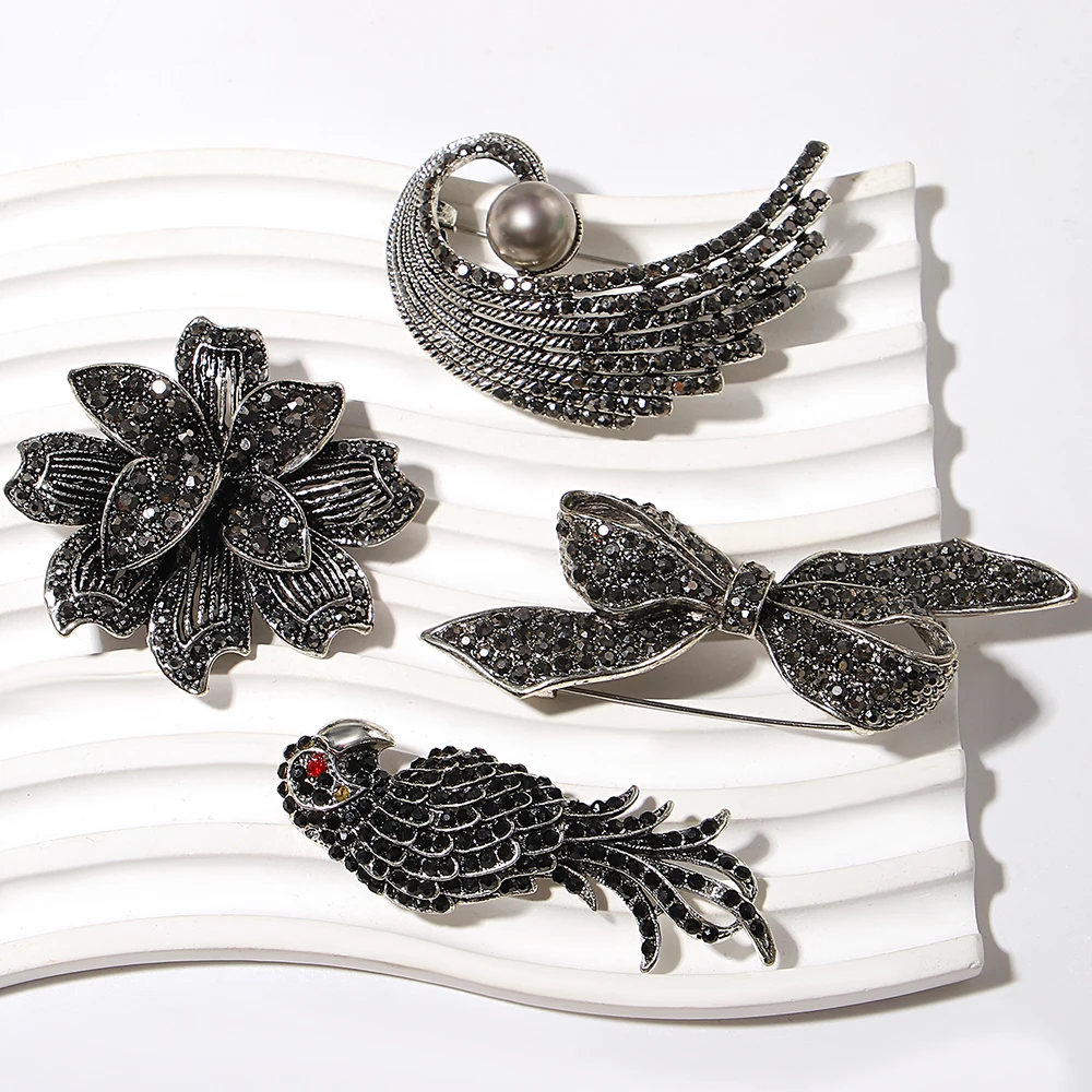 ALLYES Shiny Rhinestone Animal Funny Brooch for Women Cute Flower Bowknot Bird Feather Shirt Lapel Pins Jewelry Accessories