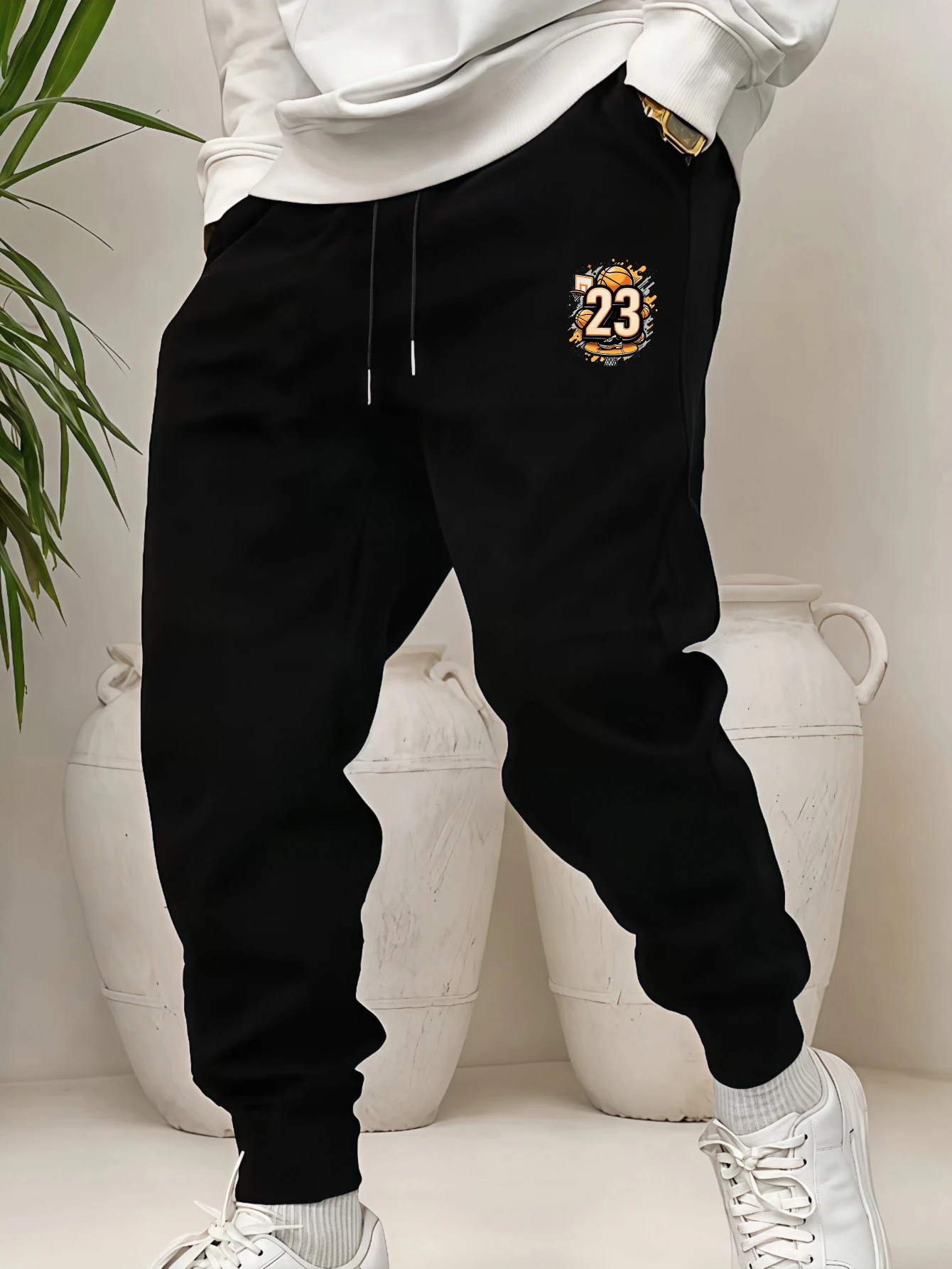 Men's Number 23 Basketball Tapered Joggers Loose‑Fit Ribbed Cuffs Elastic Waist Athletic Pants for Training Outdoor Casual Wear