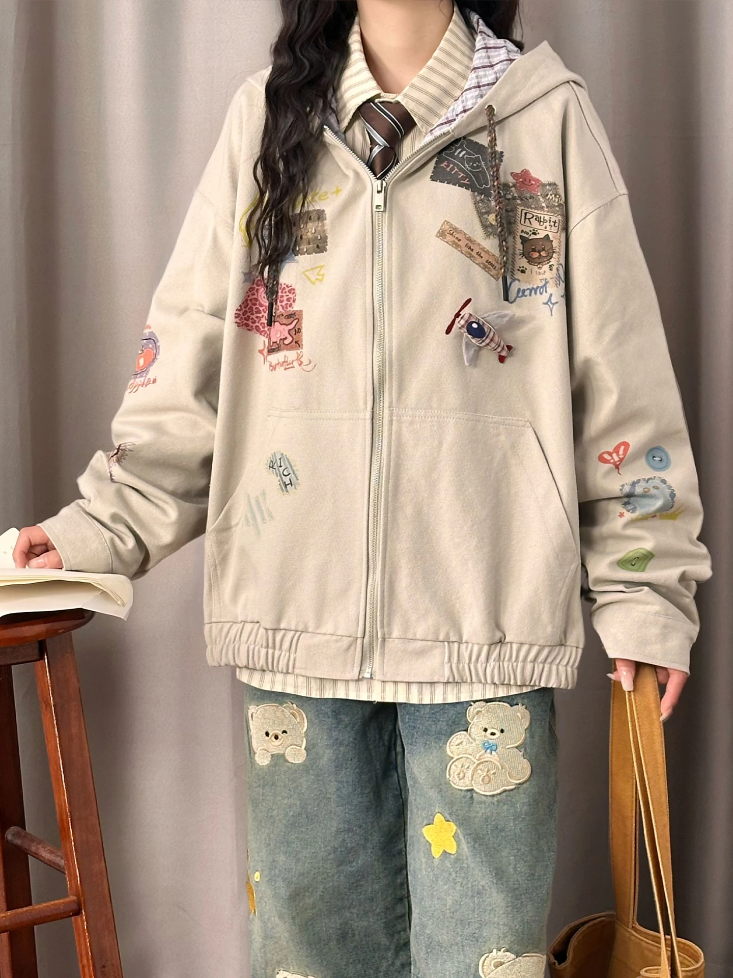 Street Style Plaid Patchwork Hooded Jacket Women's Casual Spring Autumn Cotton Long Sleeve Zipper Closure Matching Any Bottoms