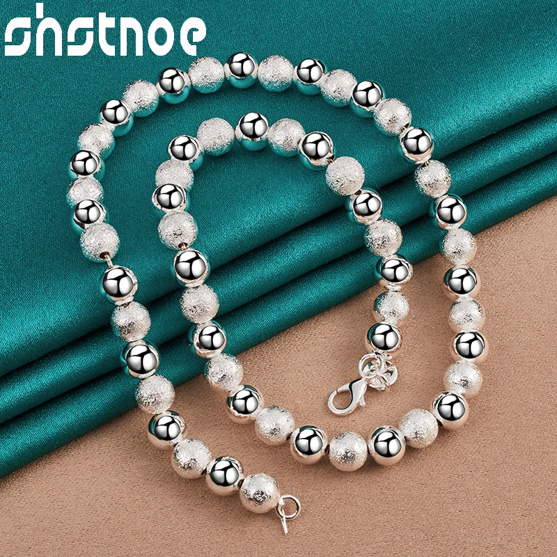 2pcs 925 Sterling Silver Jewelry Sets 8mm Frosted Beads Smooth Ball Chain Simple Bracelets Fashion Necklace For Woman Wedding