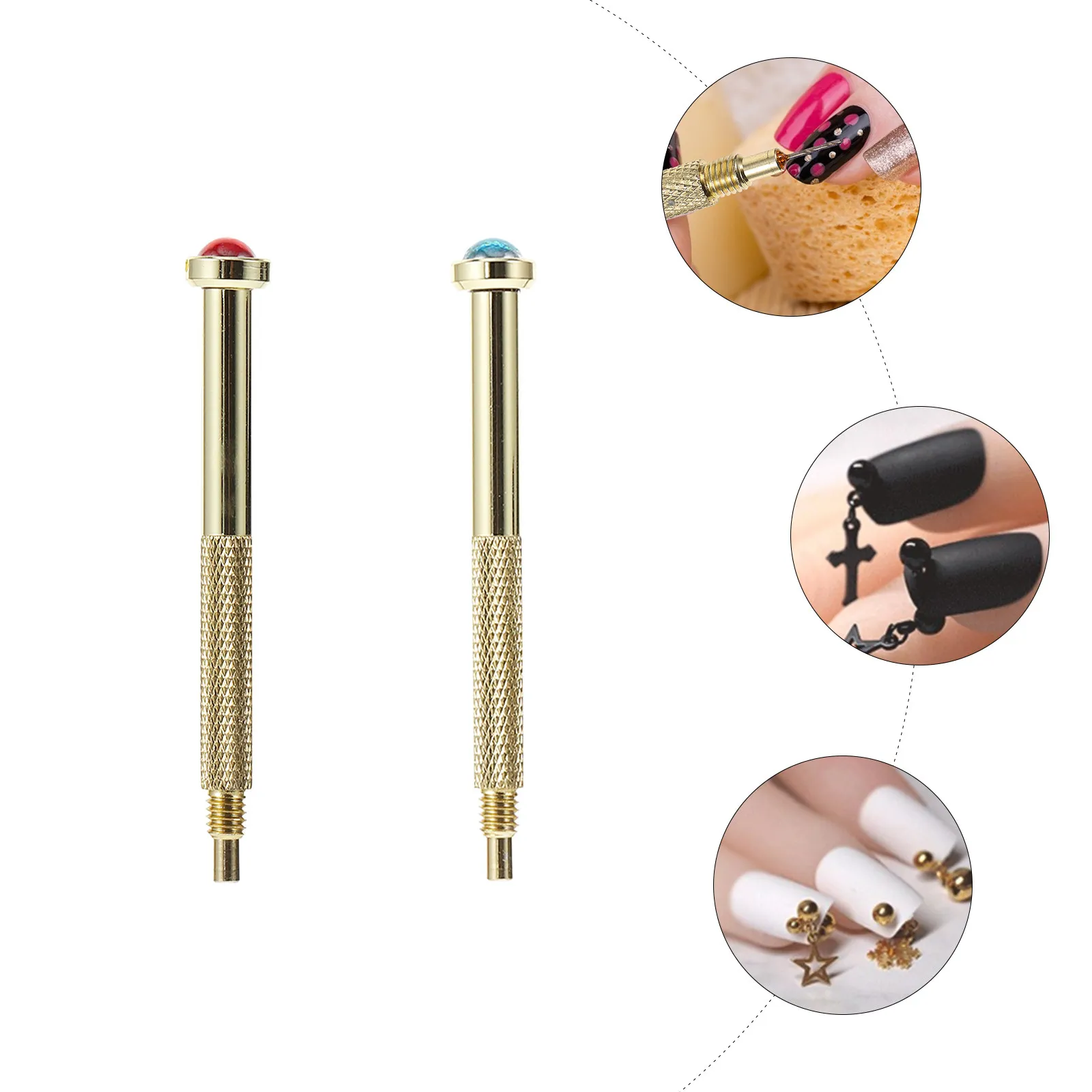 2pcs Golden Nail Art Piercing Tool Random Color Beads DIY Drilling Gel Acrylic Tips Handheld Metal Charm Jewelry Supplies Nail