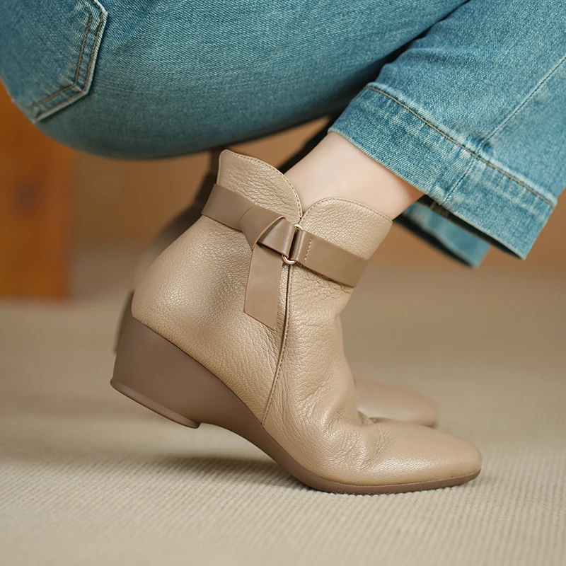 2026new autumn winter natural leather women ankle boots 22-25cm soft sheepskin side zip strap round heel short boots fashion