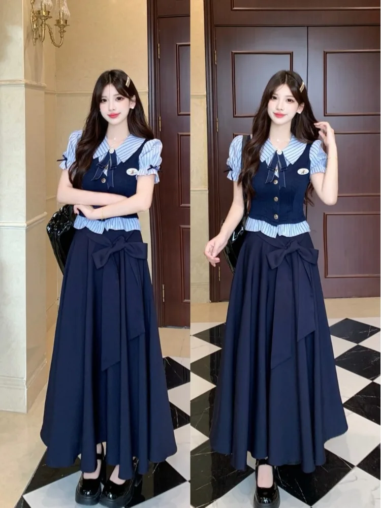 

College Style Two-Piece Set Women's Summer Slimming High Waist Skirt Short Sleeve Collar Bubble Sleeve Knot