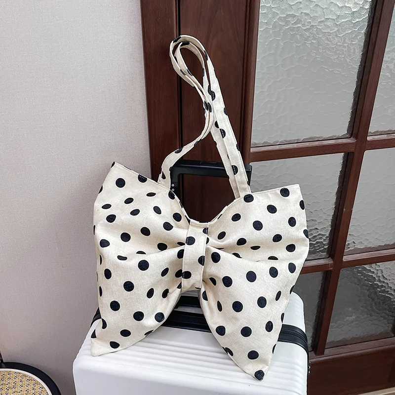 Korean Big Bow Polka Dot Tote Bag Women Large Capacity Canvas Shoulder Bag Cute Aesthetic Lazy Daily Shopping School Handbag