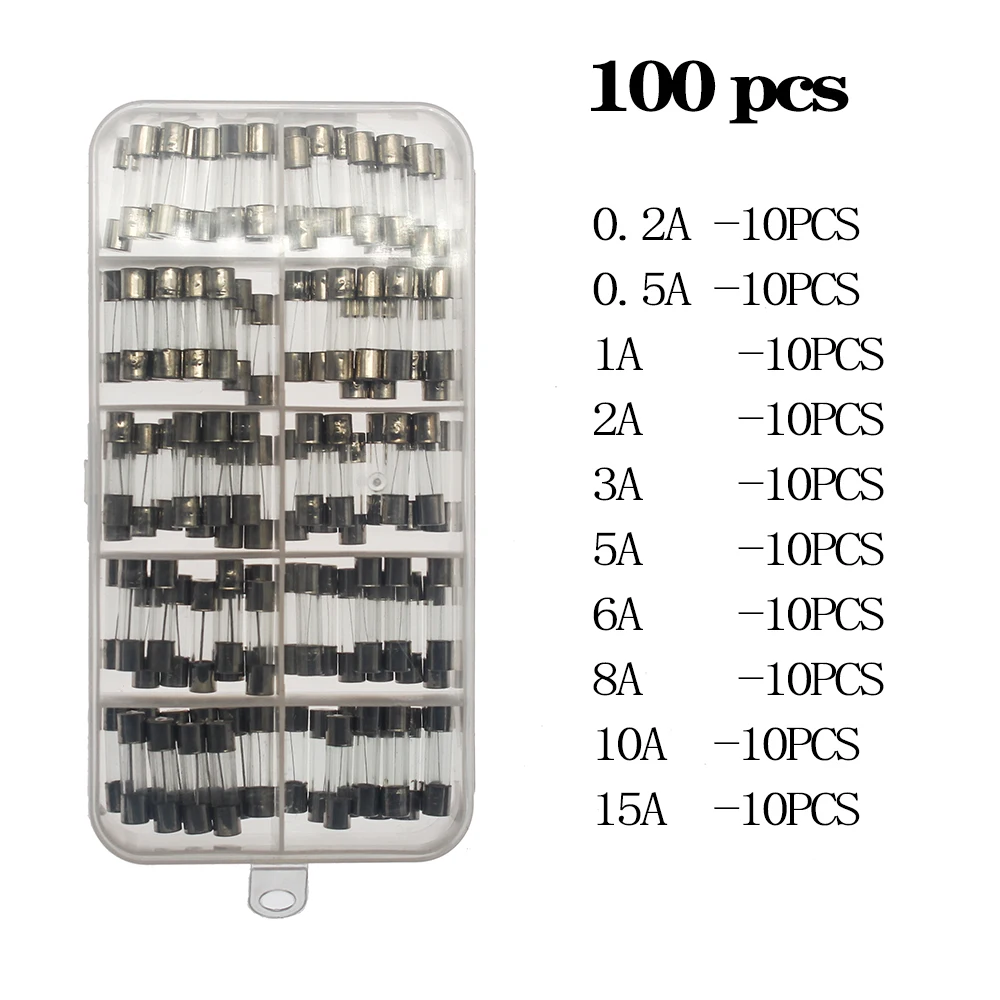 100Pcs/225 Stuks 5X20Mm 0.1A-30A Huishoudelijke Zekeringen Elektrische Diverse Zekering Amp Snelle-blow Fuse Glas Mix Set Met Doos 0.2A 0.5A 1A 2A