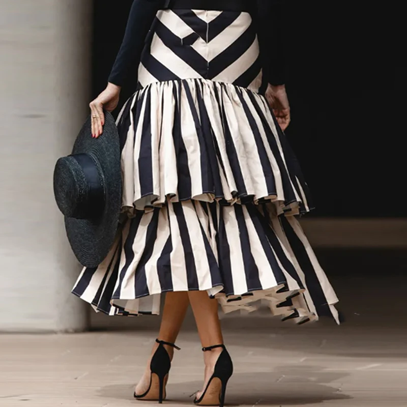 Contrast Striped High Waist Commuting Long Skirt Double Layered Pleats Design Slim Skirt Elegant Temperament Party Women's Skirt