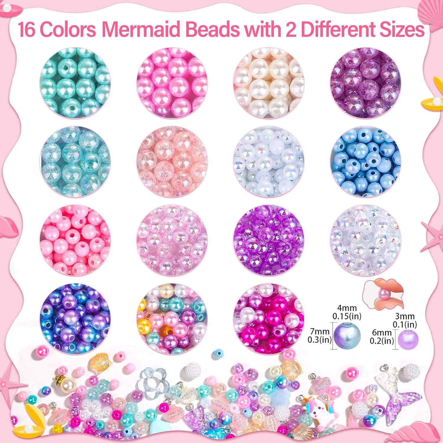 Mermaid Imitation Pearls Mix 6-7mm Round ABS Beads with Hole for Needlework Jewelry Making DIY Charms Handmade Bracelet