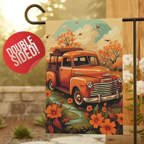 Fall Garden Flag, Classic Orange Truck Hauler, Flowers Trees Mom Gift for Her