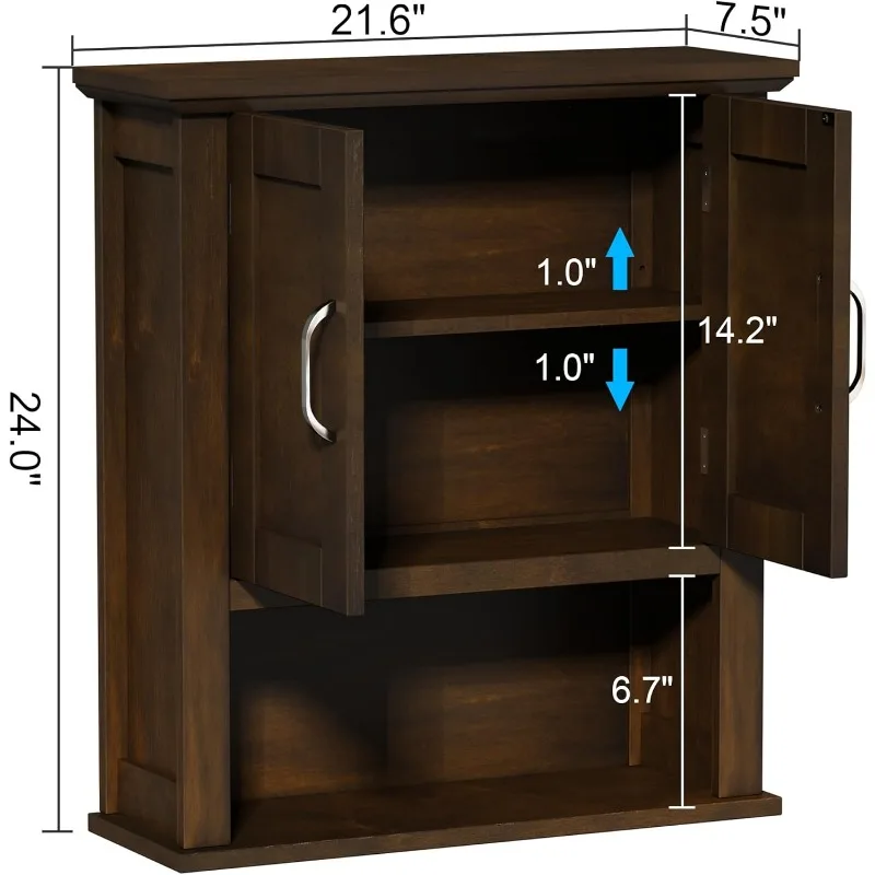 Armoire murale en bois avec portes, armoire à médicaments, étagères réglables, au-dessus des toilettes, rustique, fixée au mur