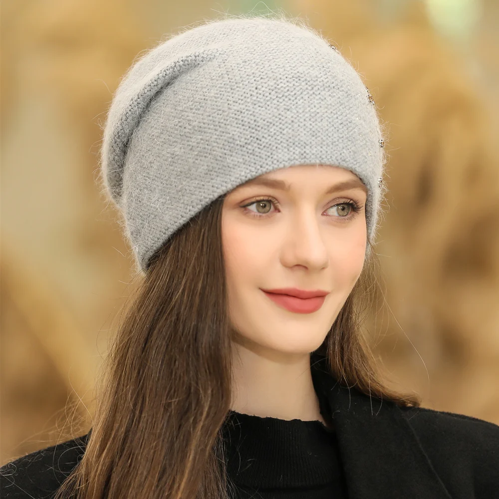 New Women Winter Hat Fashion Decorate Beanie Hat Rabbit Fur Blend Warm Winter Cap For Female Casual Streetwear Knitted Hat