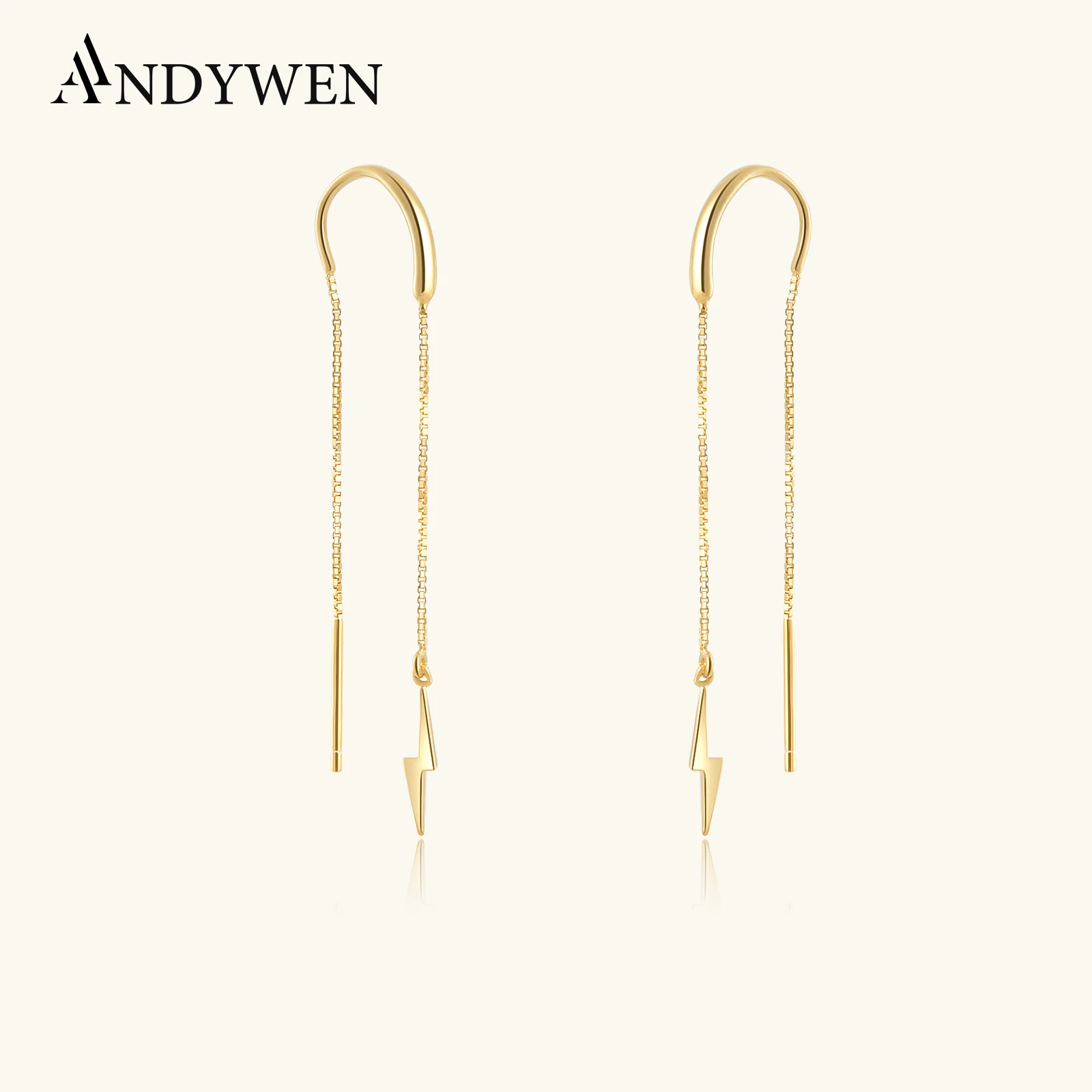 ANDYWEN 925 Sterling Silver Gold Chain Lighting Cross Thread Earring Pendientes Largos Cruz Rayo Long Spike Piercing Jewelry