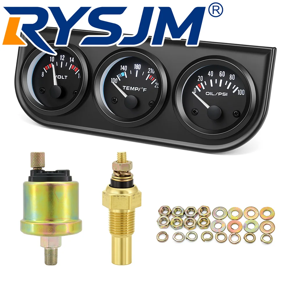 12V Auto 52MM Triple Gauge Kit 3 IN 1 Voltmeter+Water Temperature Gauge+Oil Pressure Gauge with Sensor for Universal Petrol Car