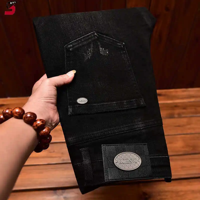 High end American jeans men's embroidered print black small foot elastic slim fit fashionable autumn trend pants