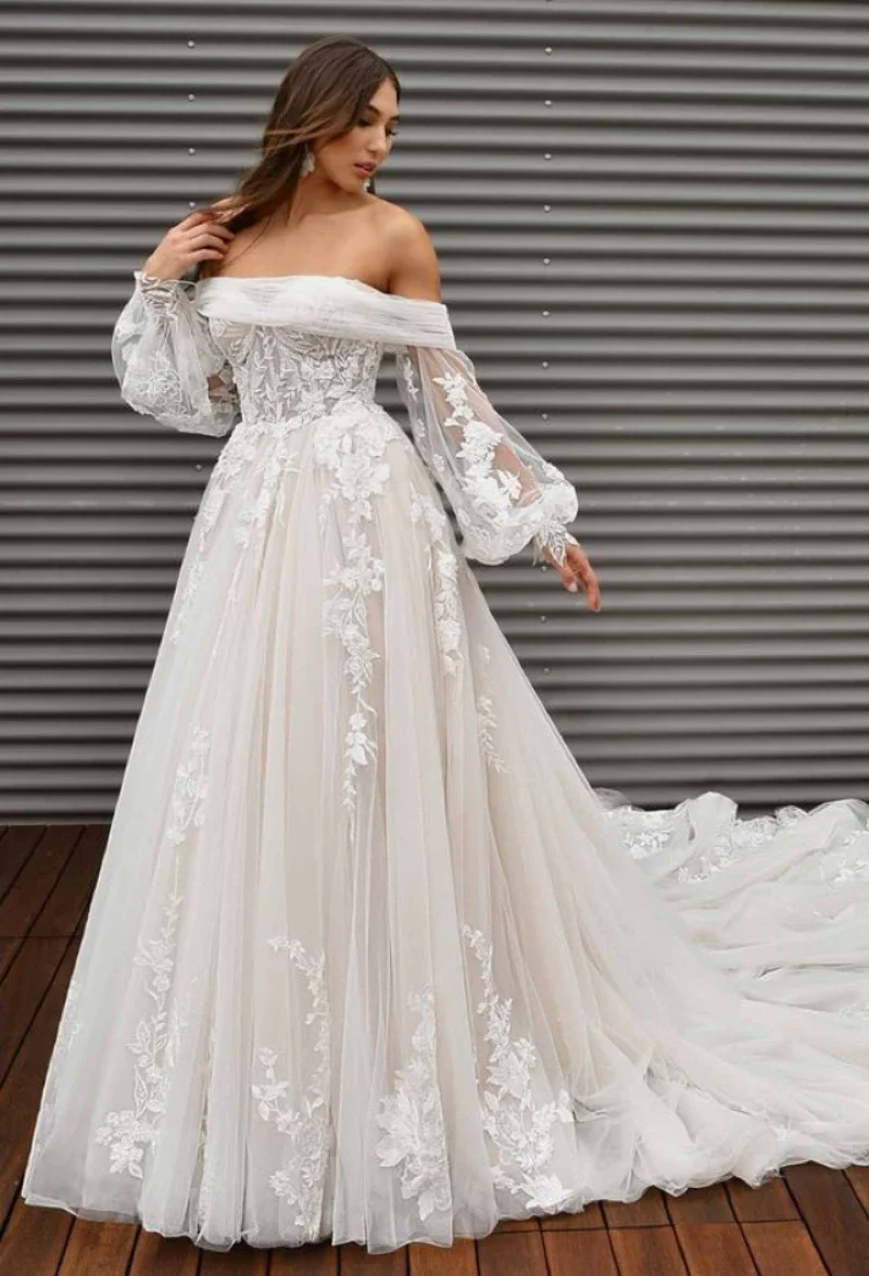 Vestidos de novia personalizados 2025, mangas largas abullonadas, apliques con hombros descubiertos, corte en A, vestido de novia de lujo, vestido de novia