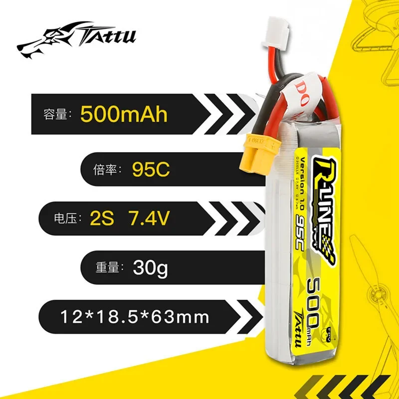 TATTU R-LINE 1.0 7.4V Lipo Battery 500mAh 95C For RC FPV Airplane Quadcopter Helicopter Drone Parts 2S Drones Battery